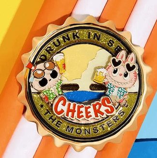 Labubu enchanted by seaside fridge cheers drunk in sea