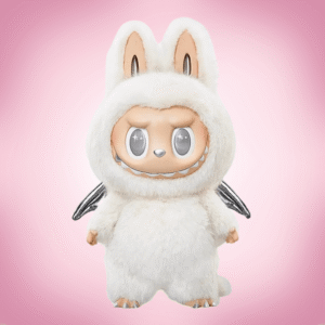 Labubu Angel in Clouds in pink background