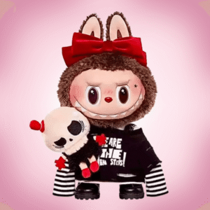 Labubu Boyfriend Tycoco doll called Catch Me If You Like Me in pink background