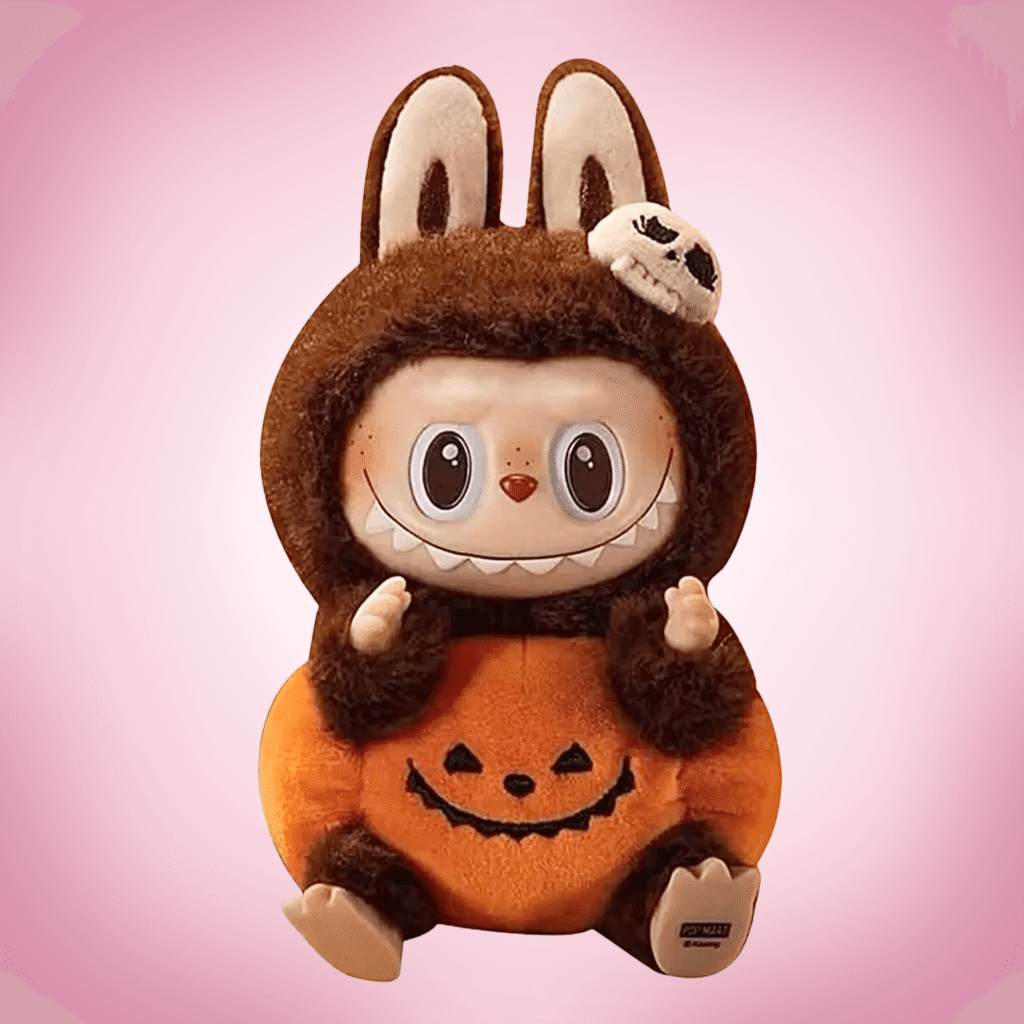 labubu sit on pumpkin pink background
