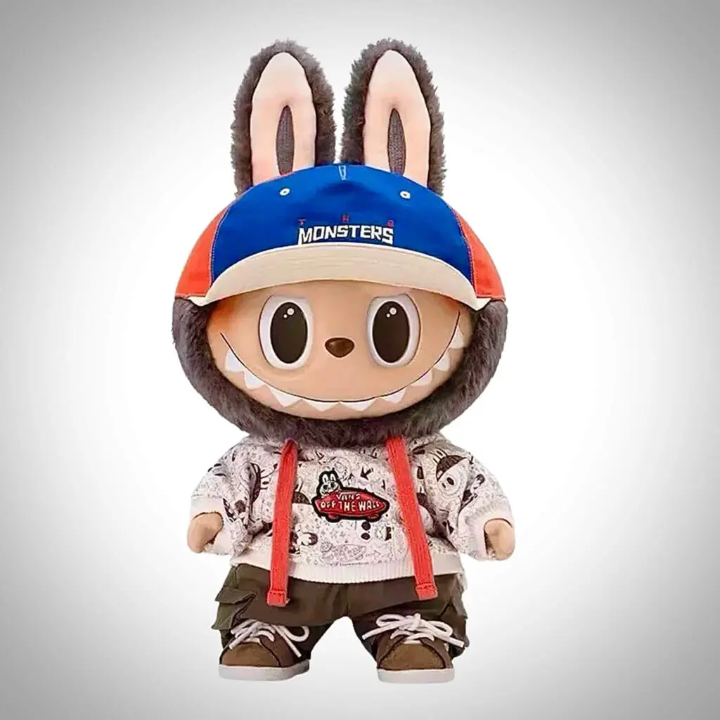 Front view of the Labubu doll called the Labubu Vans collab in white background