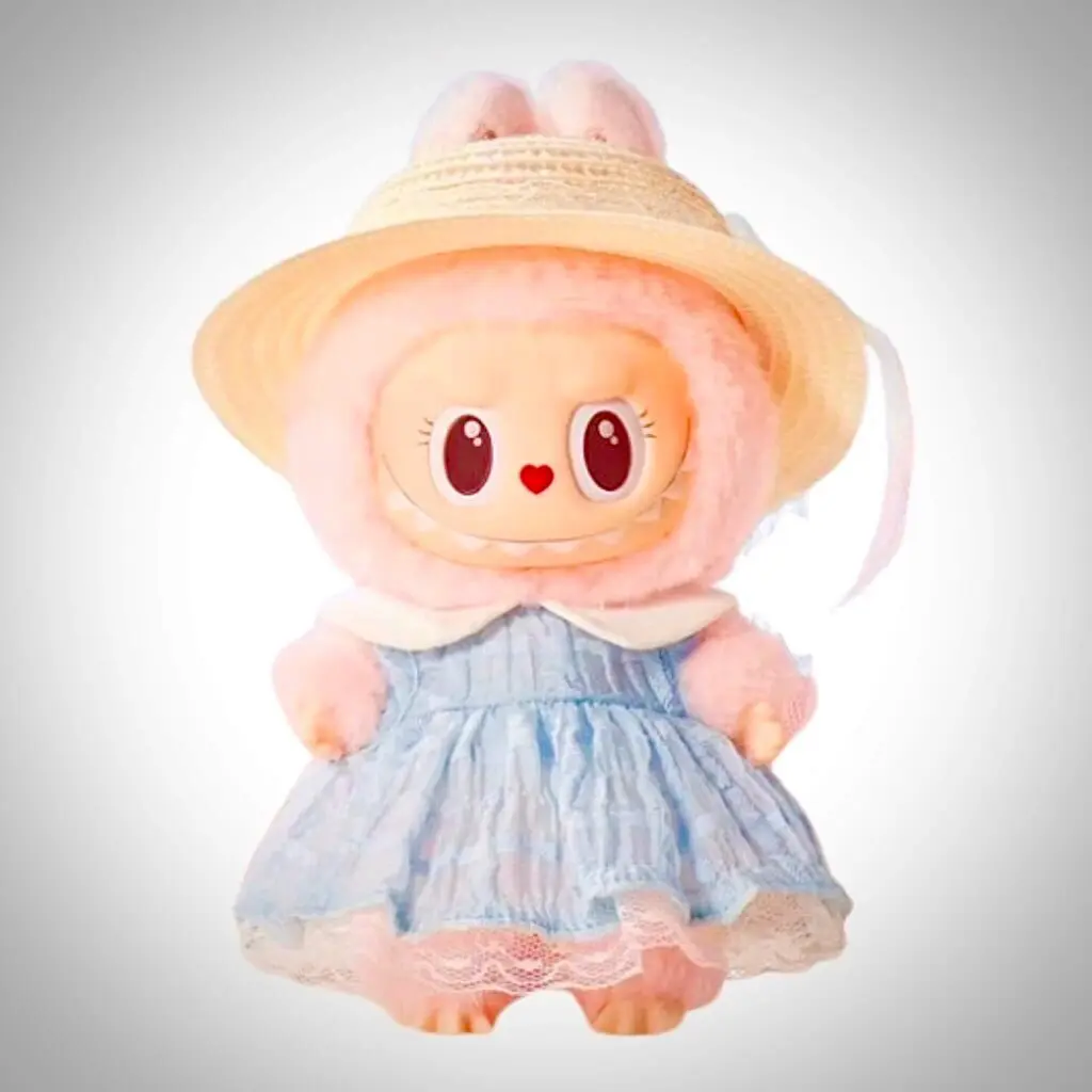 Labubu Mokoko Blue Diamond doll in black and white background