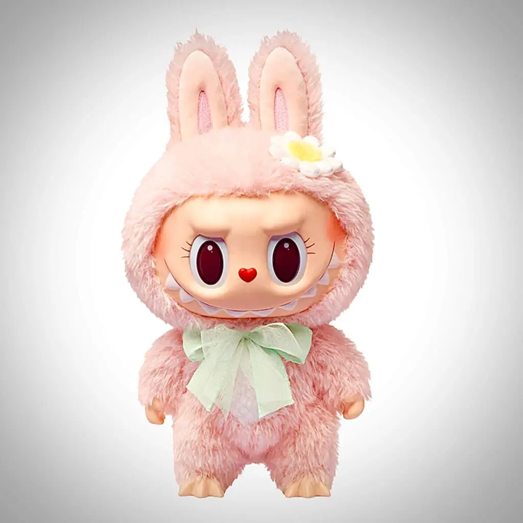 Labubu doll closeup: Front view of Mokoko Close to Sweet in white background