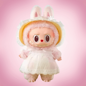 Labubu Mokoko Fall into Spring in pink background