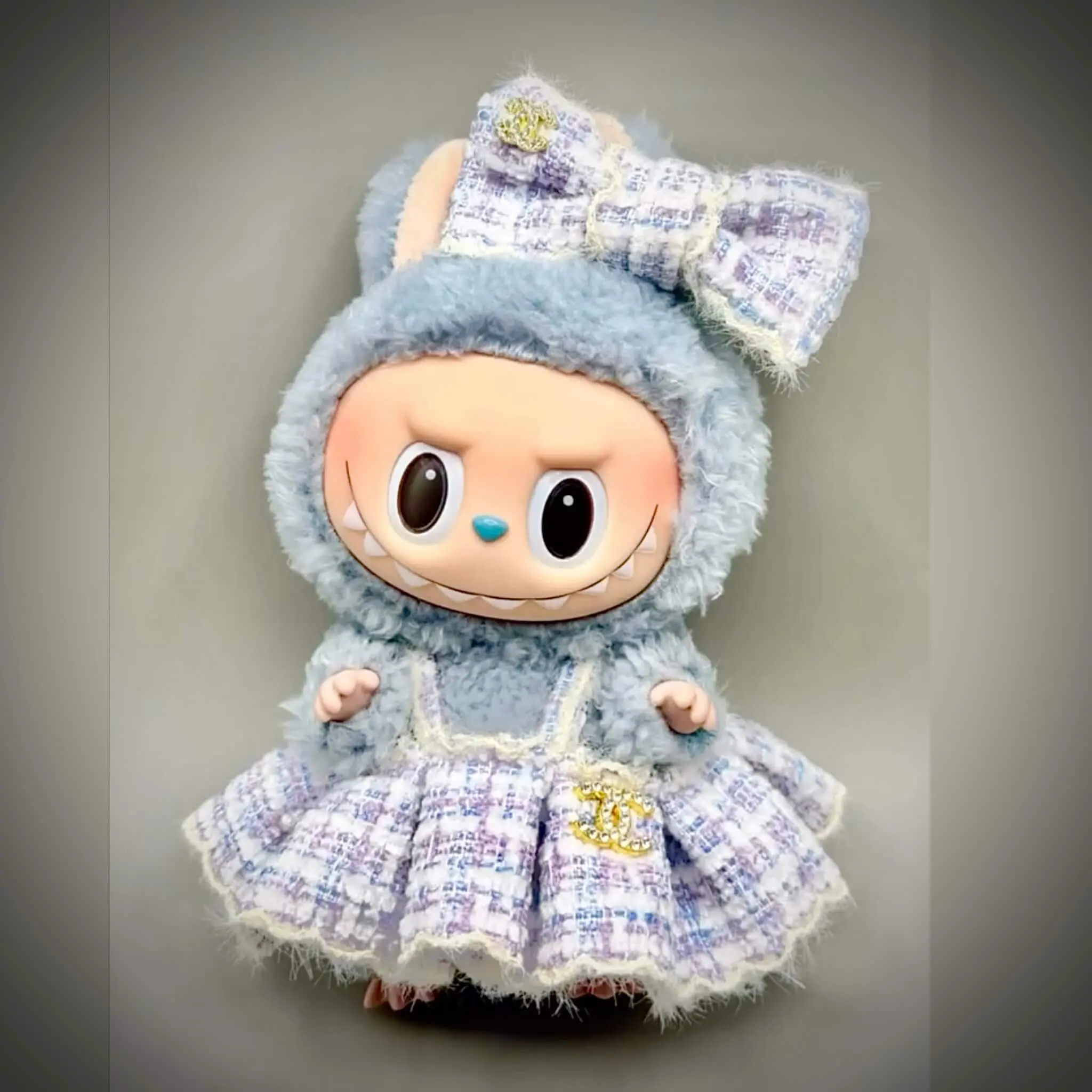 labubu sesame bean in labubu clothes blue white dress bow credit thelabubucloset