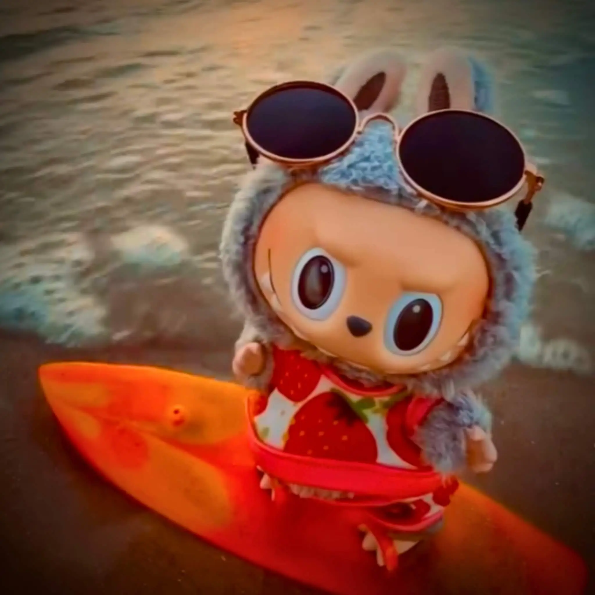 labubu sesame bean in labubu clothes surfboard ocean credit labubu leeloo