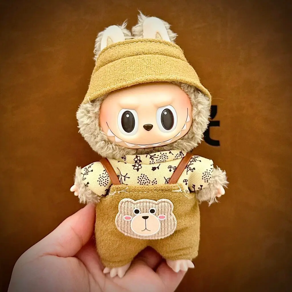 labubu soymilk in labubu clothing bear brown overalls