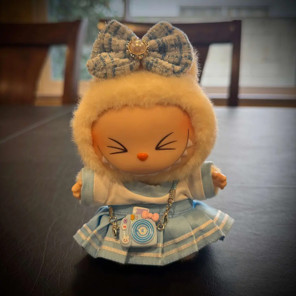 labubu have a seat sisi in labubu clothes blue dress