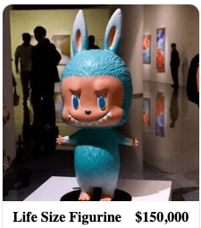Blue Labubu figurine that sold for $150,000 in China on a white display stand