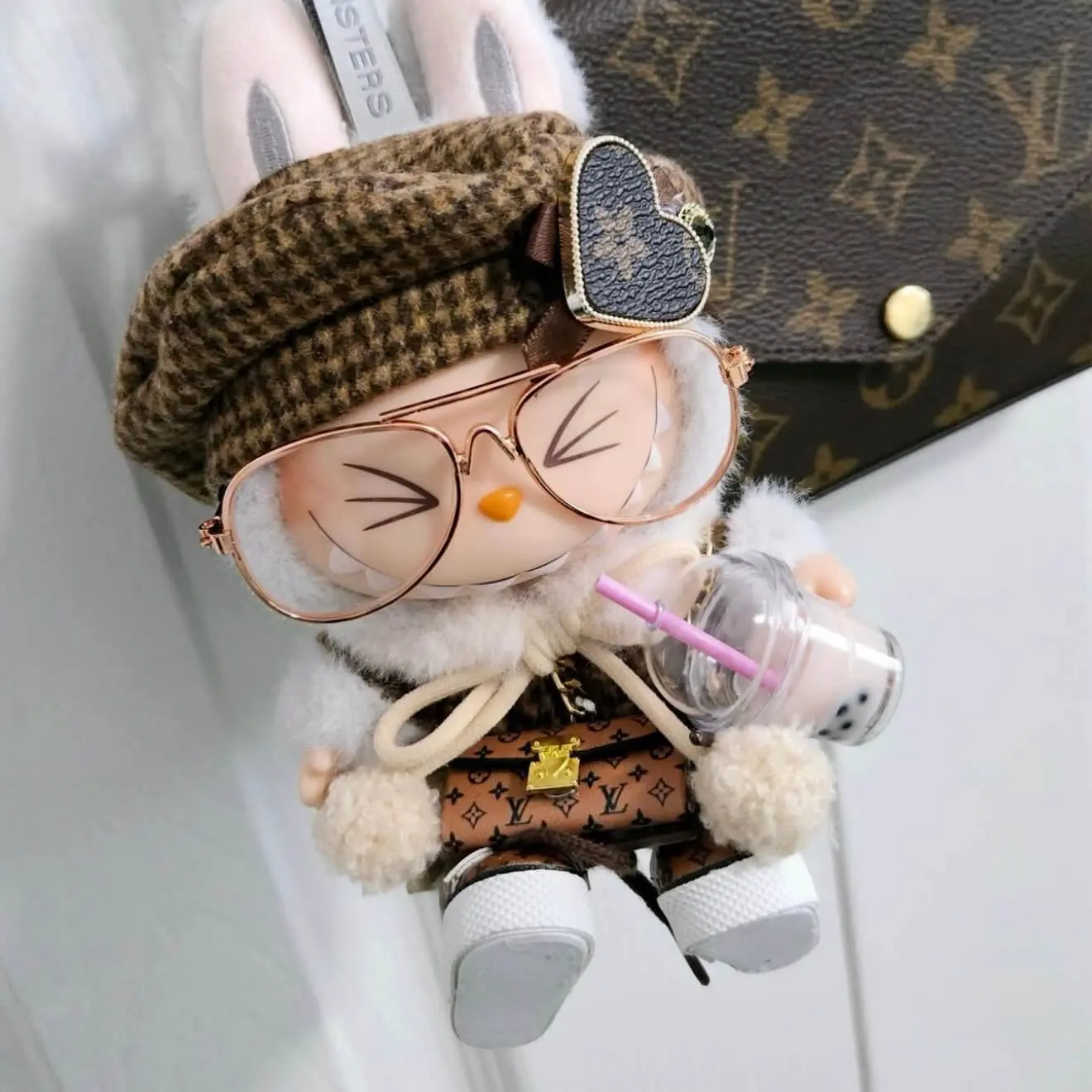 labubu hehe brown clothing glasses shoes