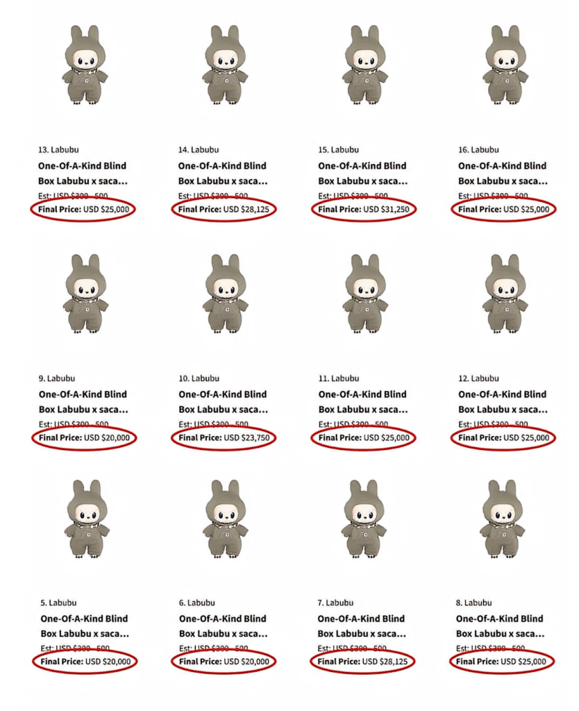 Collection of 14 Sacai x Seventeen Labubu dolls displayed together