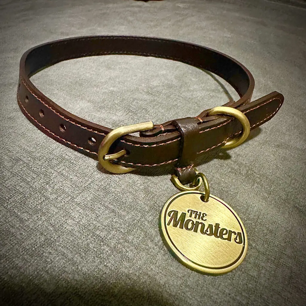 Closeup of Zimomo Labubu's collar taken off and put on table