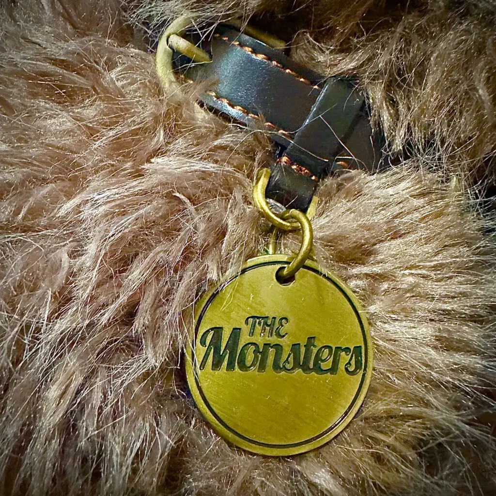Zoomed in close up shot of the collar on Zimomo I Found You showing Monsters written on it