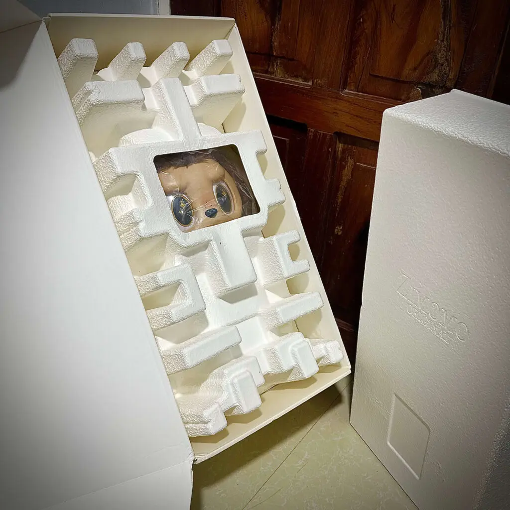 Labubu Zimomo doll I Found You inside box and peeking through the hole of protective covering