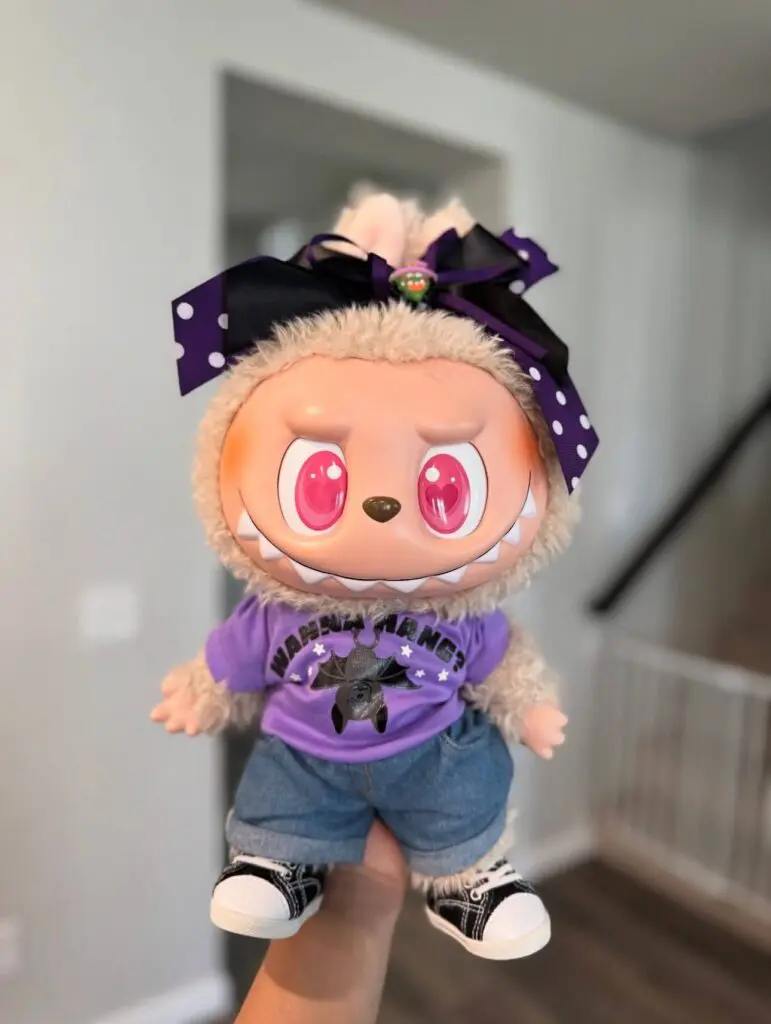 flip with me labubu clothing purple shirt and bow