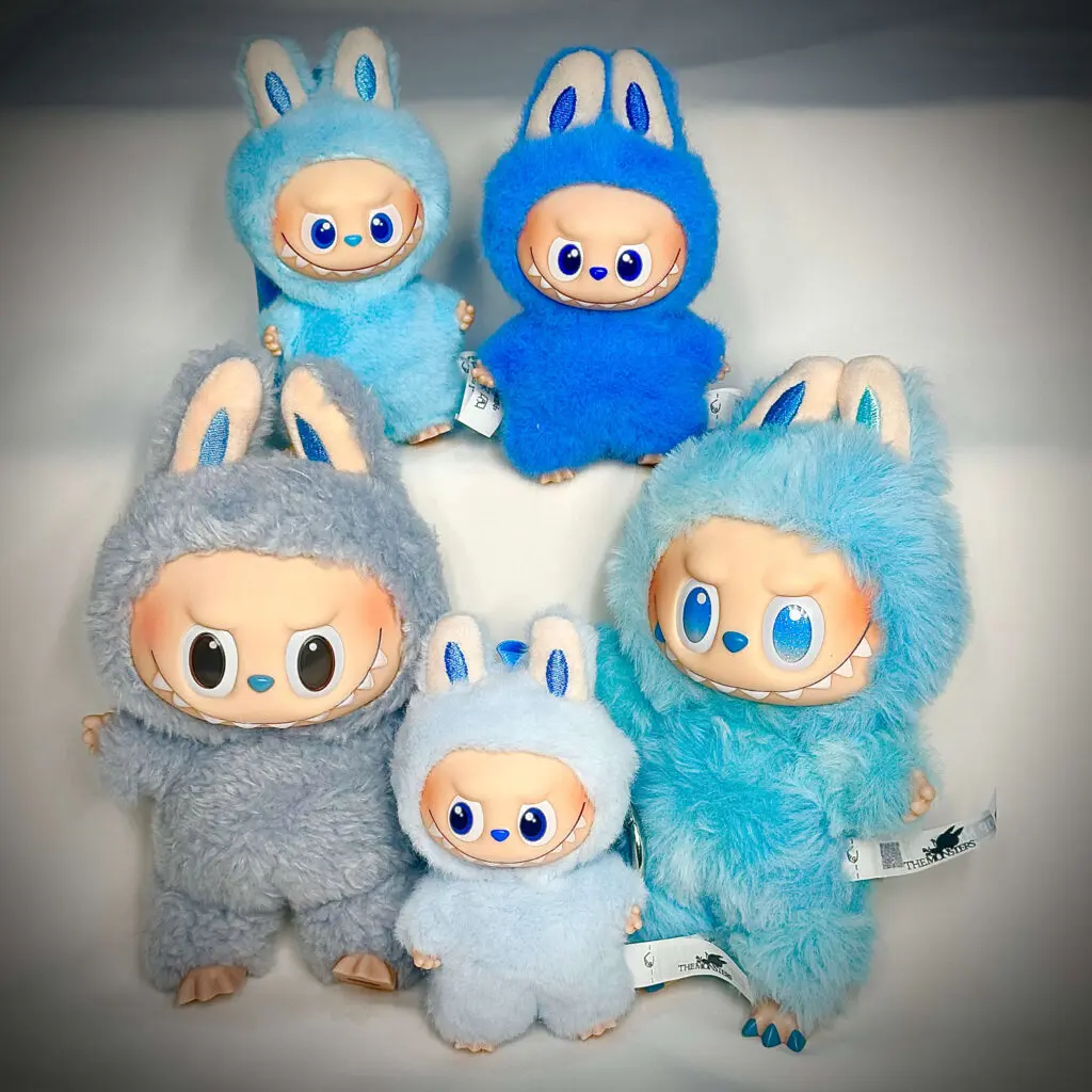 blue labubu dolls looking portrait