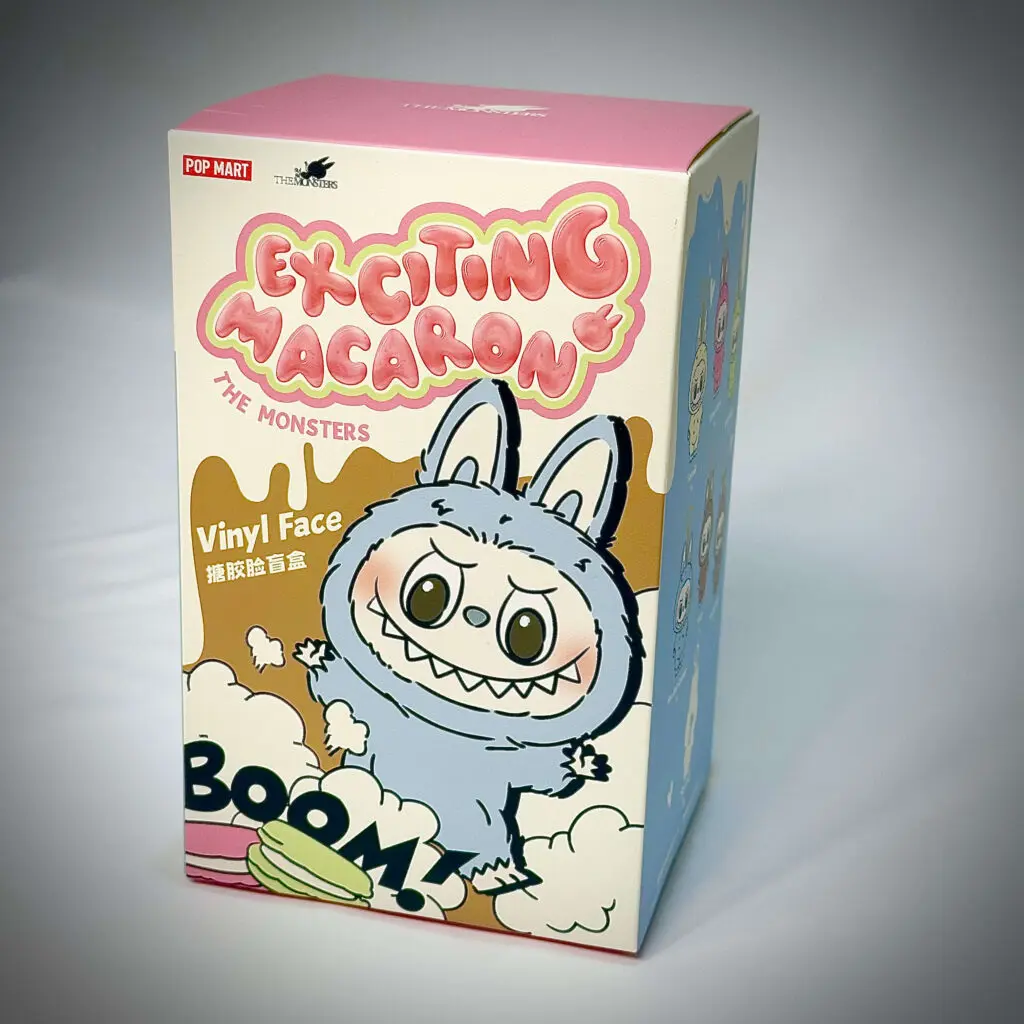 labubu exciting macaron blind box front side w labubu exciting macaron foil with diatom w labubu exciting macaron box opened with labubu exciting macaron group photo with labubu grape grape, toffee, Lychee Berry, Sea Salt Coconut, Soymilk, Sesame Bean inside