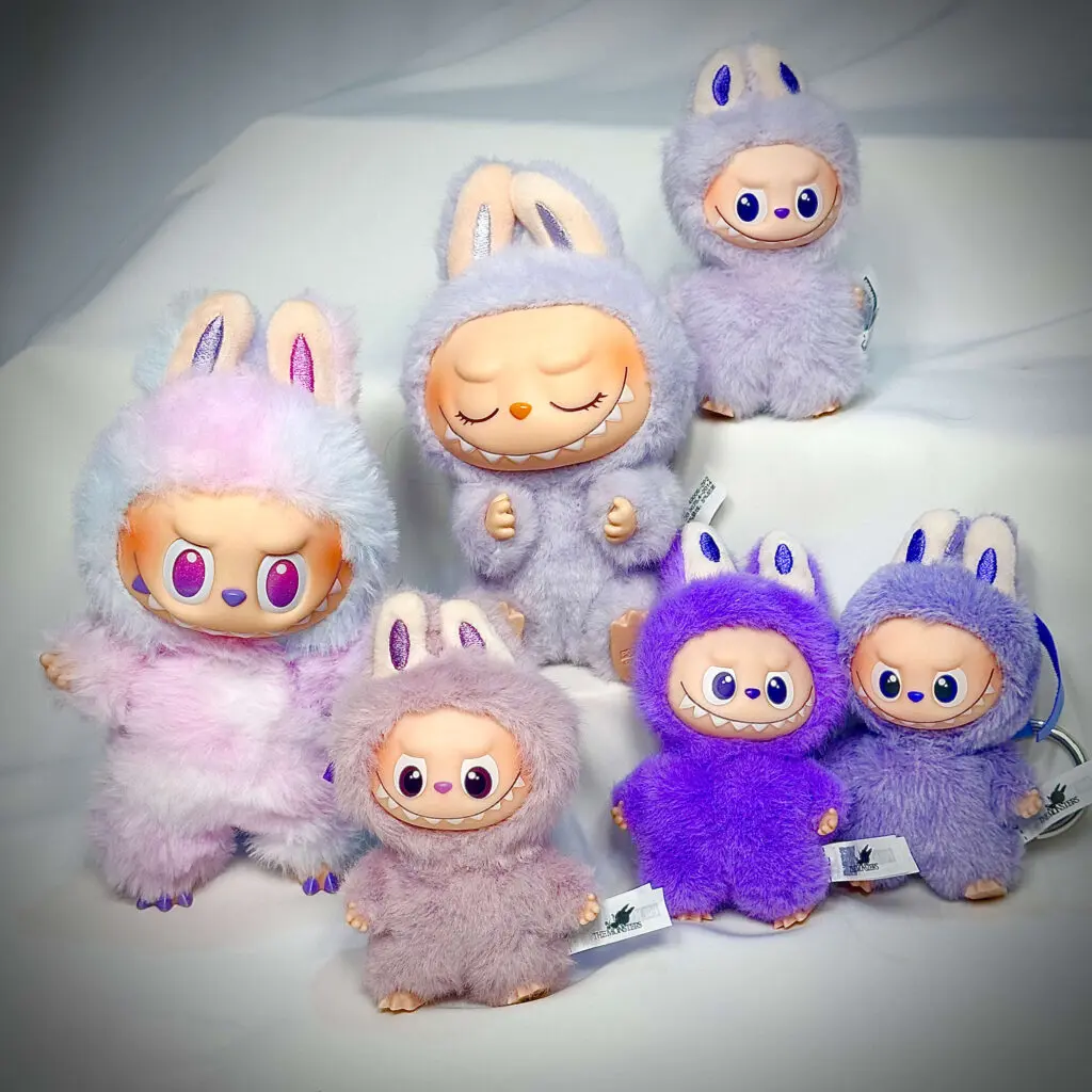 Group picture of purple colored Labubu dolls