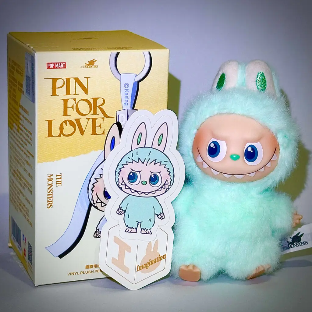mini labubu pin for love I box with sticker name