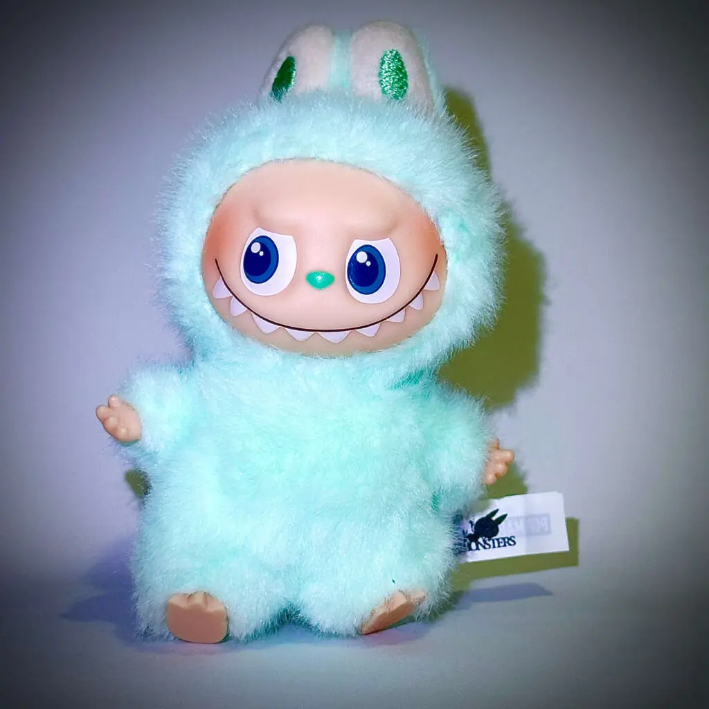 mini green labubu pin for love I white background