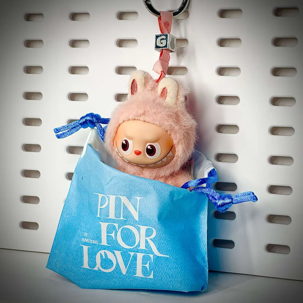 Labubu doll "G" from Pin for Love series inside the pouch and hanging on a board