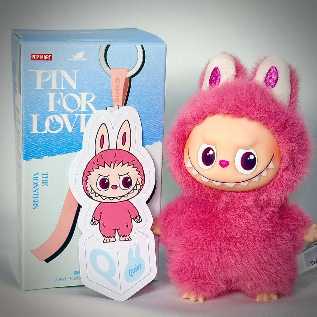 mini labubu pin for love q box with sticker name
