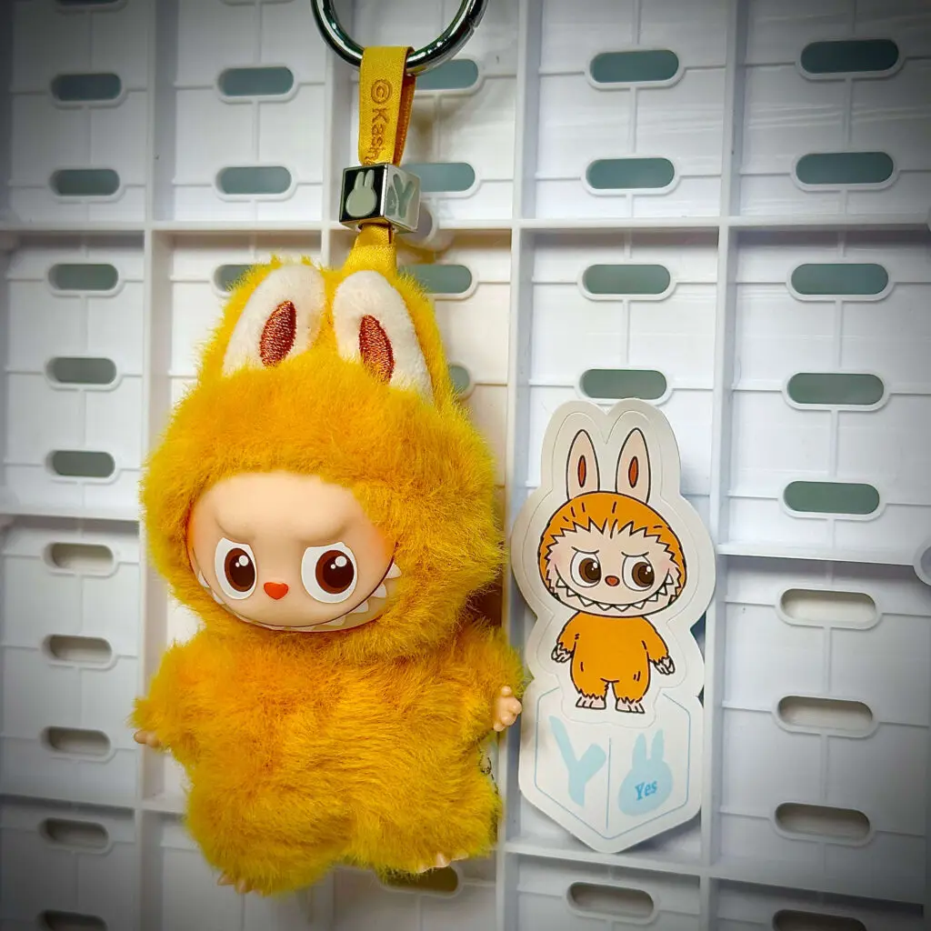 mini labubu pin for love y hung with sticker name