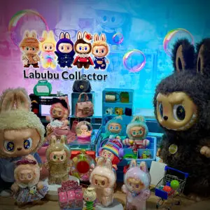Group photo of our Labubu dolls of all sizes in front of our work display