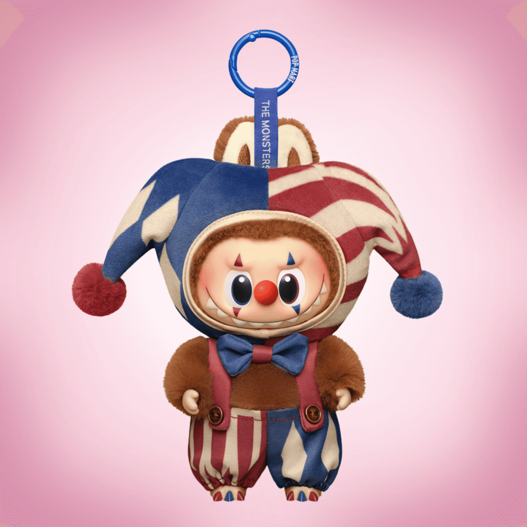 labubu why so serious juggling clown pink background