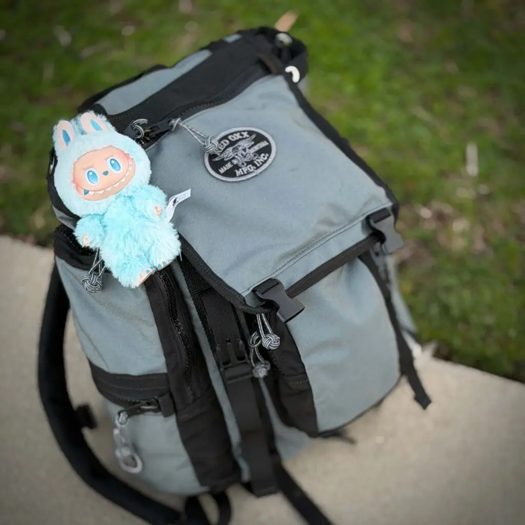 Blue Labubu Hope doll hanging from my work backpack.