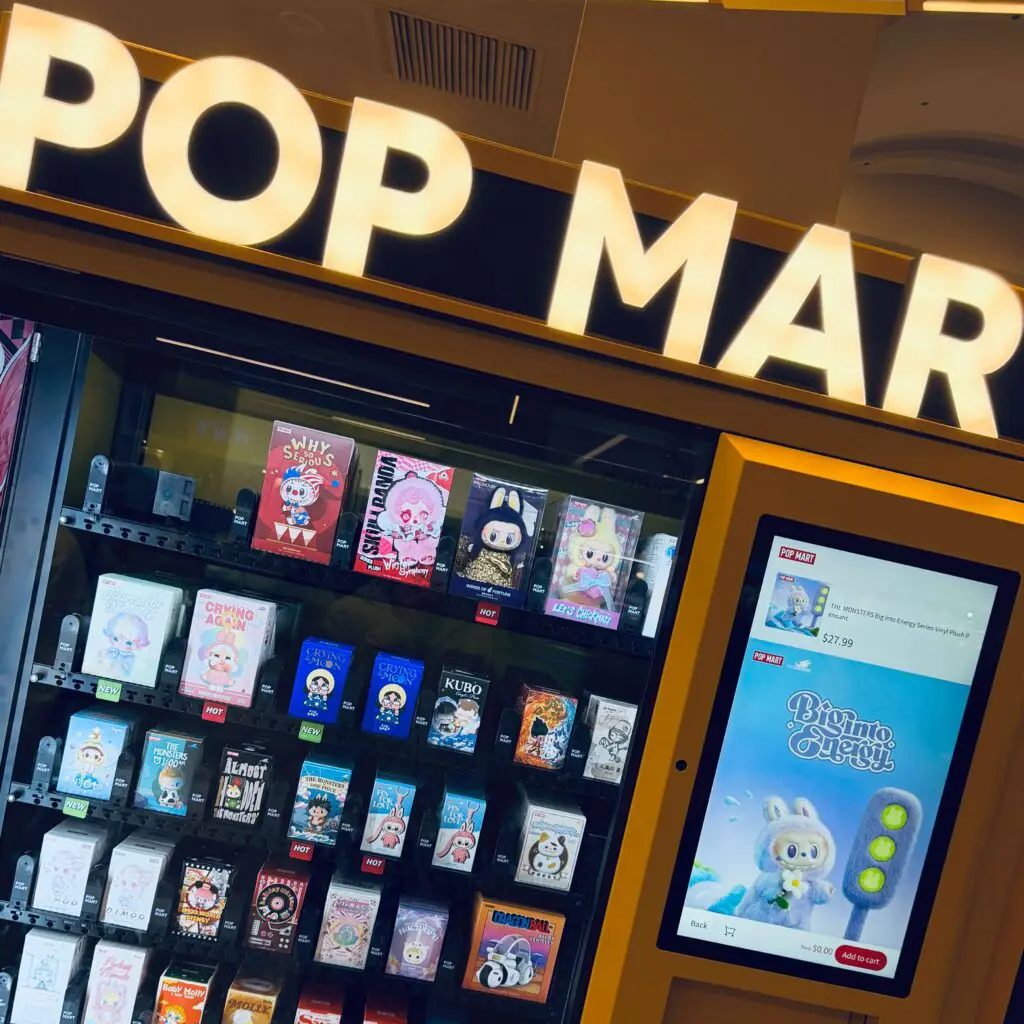 labubu vending machine (called Popmart Roboshop) display screen showing Labubu blind box options