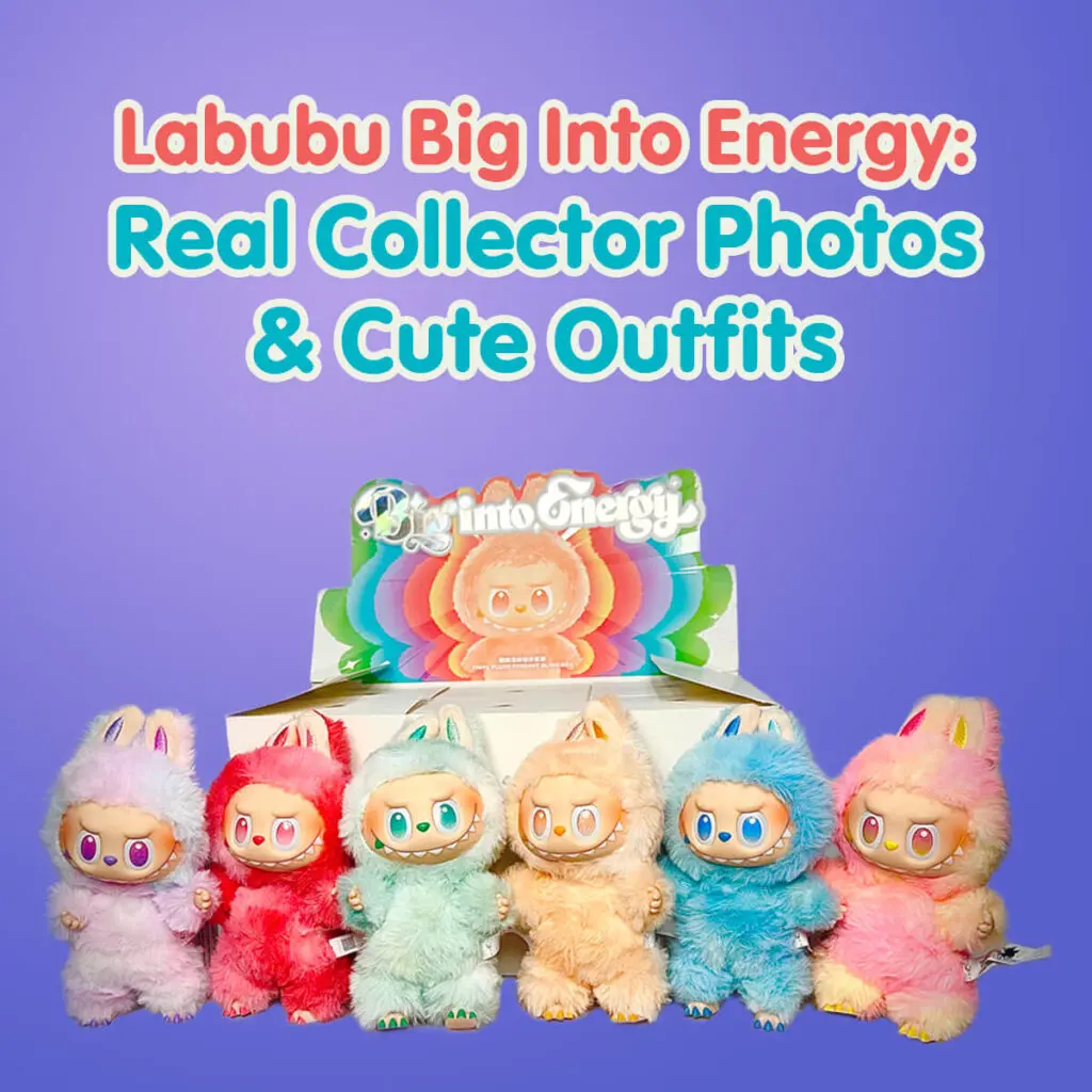 square thumbnail to Labubu Big Into Energy Real Collector Photos & Cute Outfits showing all dolls next to an open box of boxed set