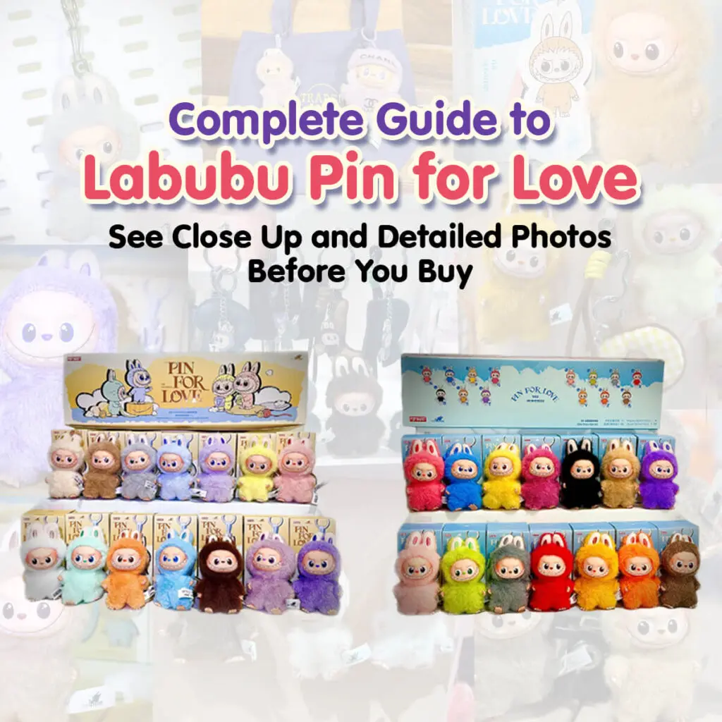 Square Thumbnail for Guide to mini Labubu Pin for Love dolls with dolls standing in front of their boxed sets