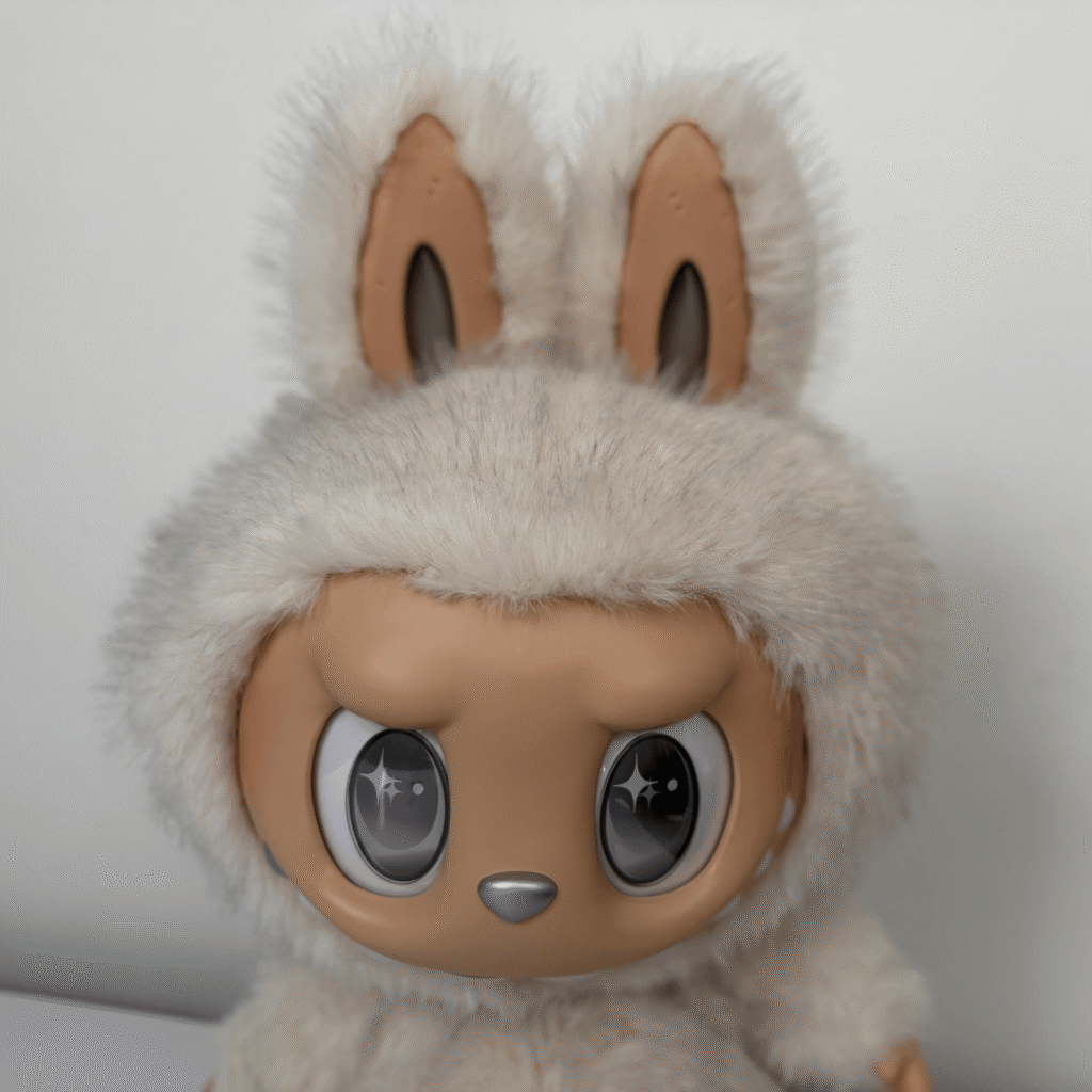 Close-up of Labubu Zimomo Angel In Clouds plush doll showing face detail