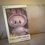 Mokoko Fall Into Spring plush inside box on white sofa