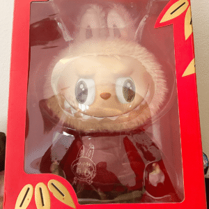 square crop of Labubu Best of Luck plush doll in original box packaging