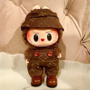 Labubu Exciting Macaron Series Secret character Chestnut Cocoa in a matching Louis Vuitton brown clothing
