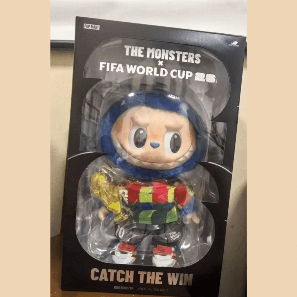 Labubu x Fifa World Cup Catch The Win plush doll inside its original box packaging