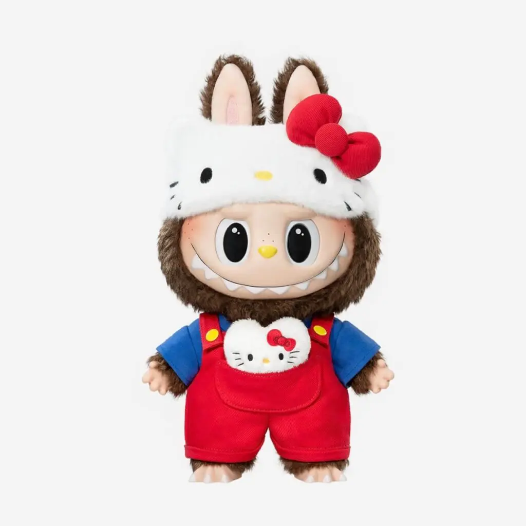 Front view of Labubu Hello Kitty plush doll in white background
