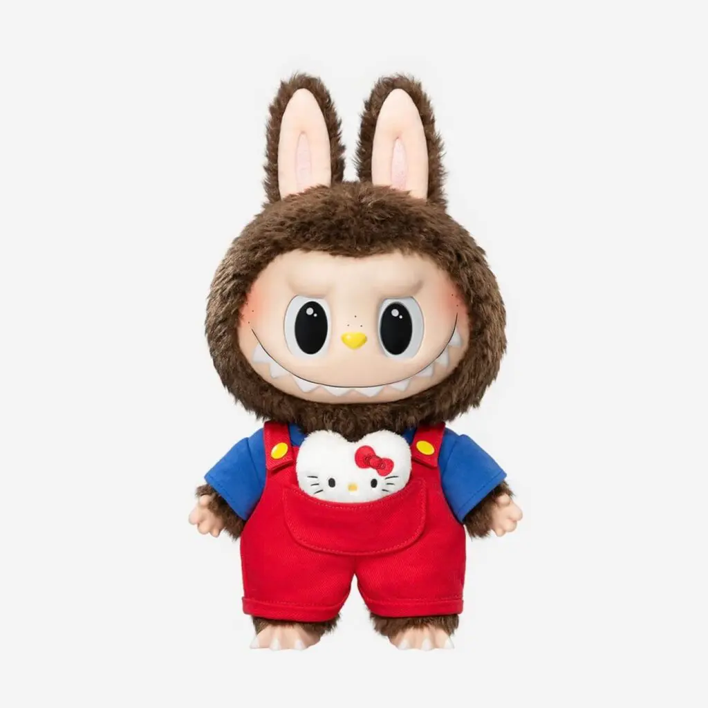 Front view of Labubu Hello Kitty plush doll without sleeping mask on in white background