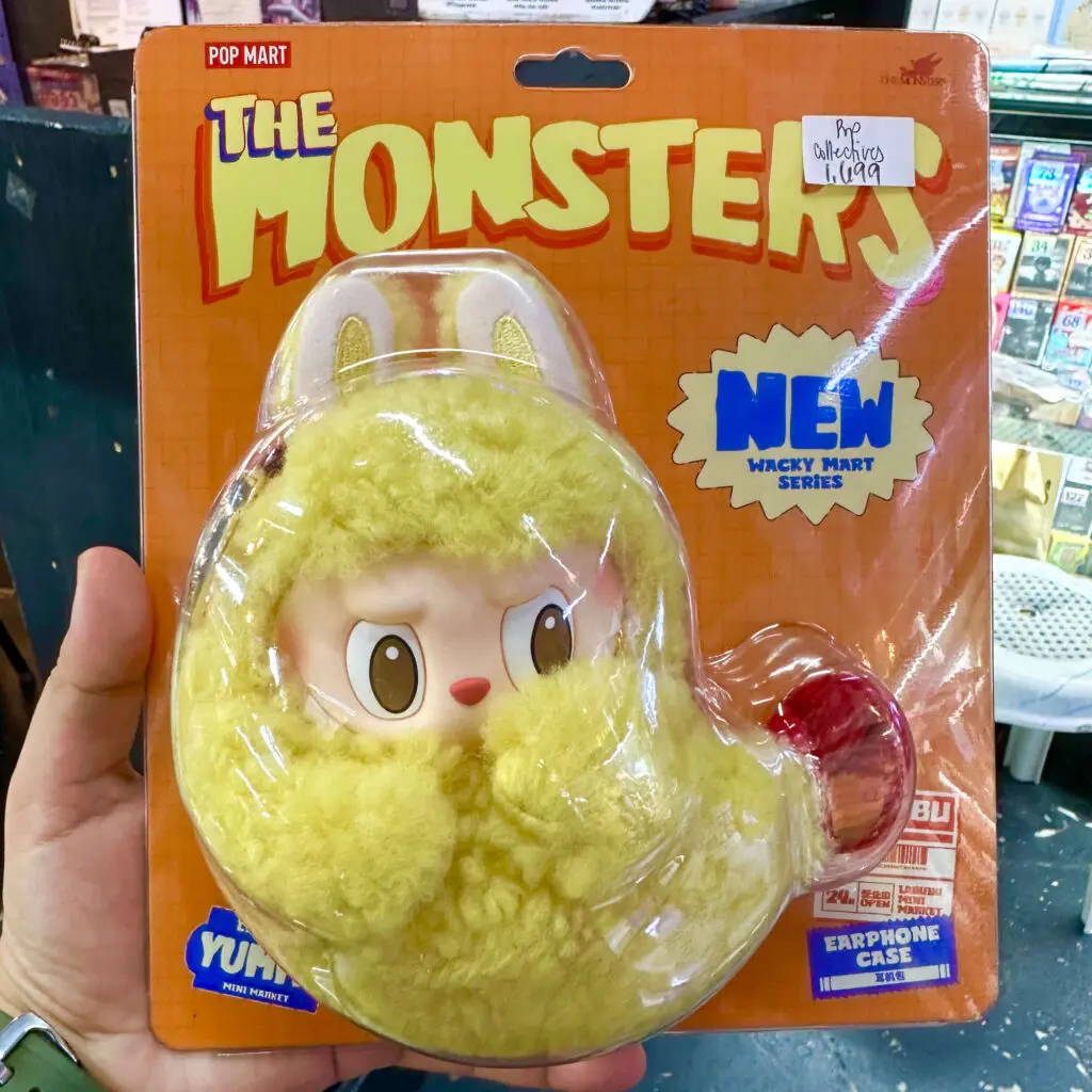 Labubu Wacky Mart Series Shrimp Tempura keychain earphone case in box held in hand