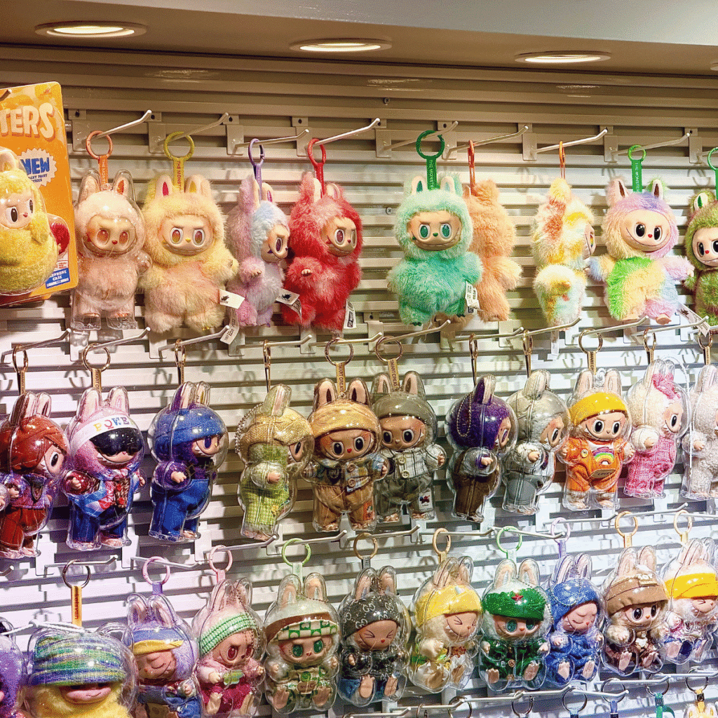 different kinds of lafufu keychain dolls hanging on a store display