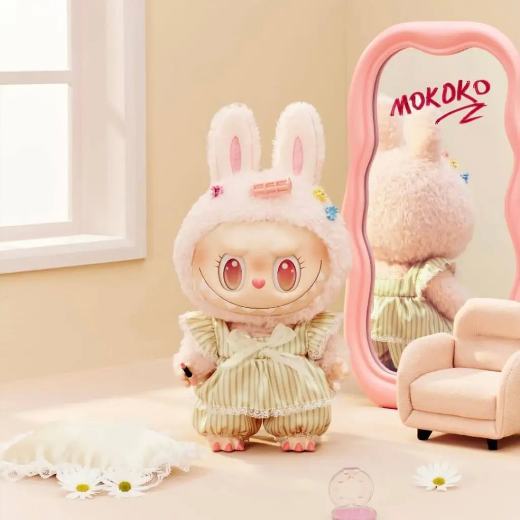 Screenshot of Wake Up Mokoko Labubu doll from the Spring Awakening series in front of a mirror