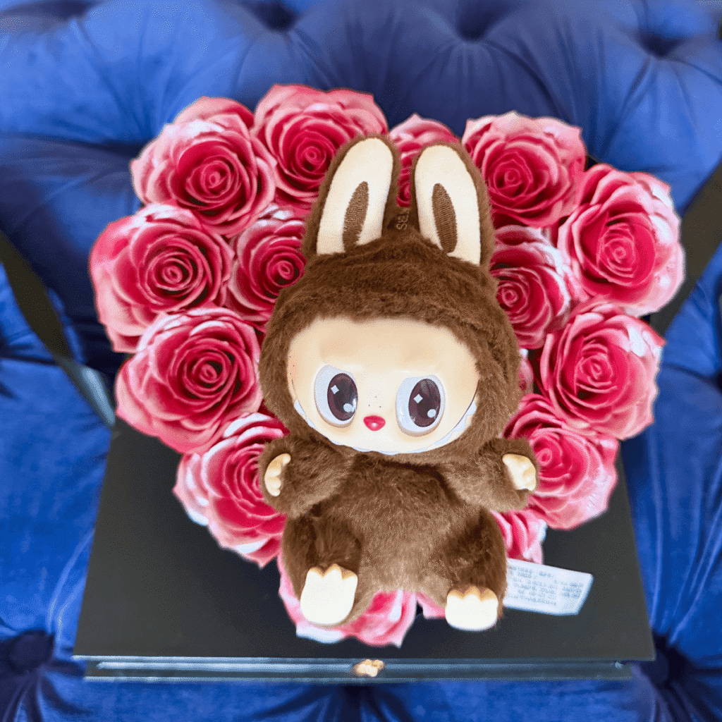Labubu Have A Seat Secret Duoduo on a bed of heart roses