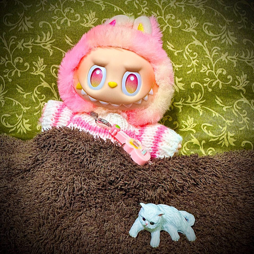 loyalty labubu clothes pink sweater brown blanket