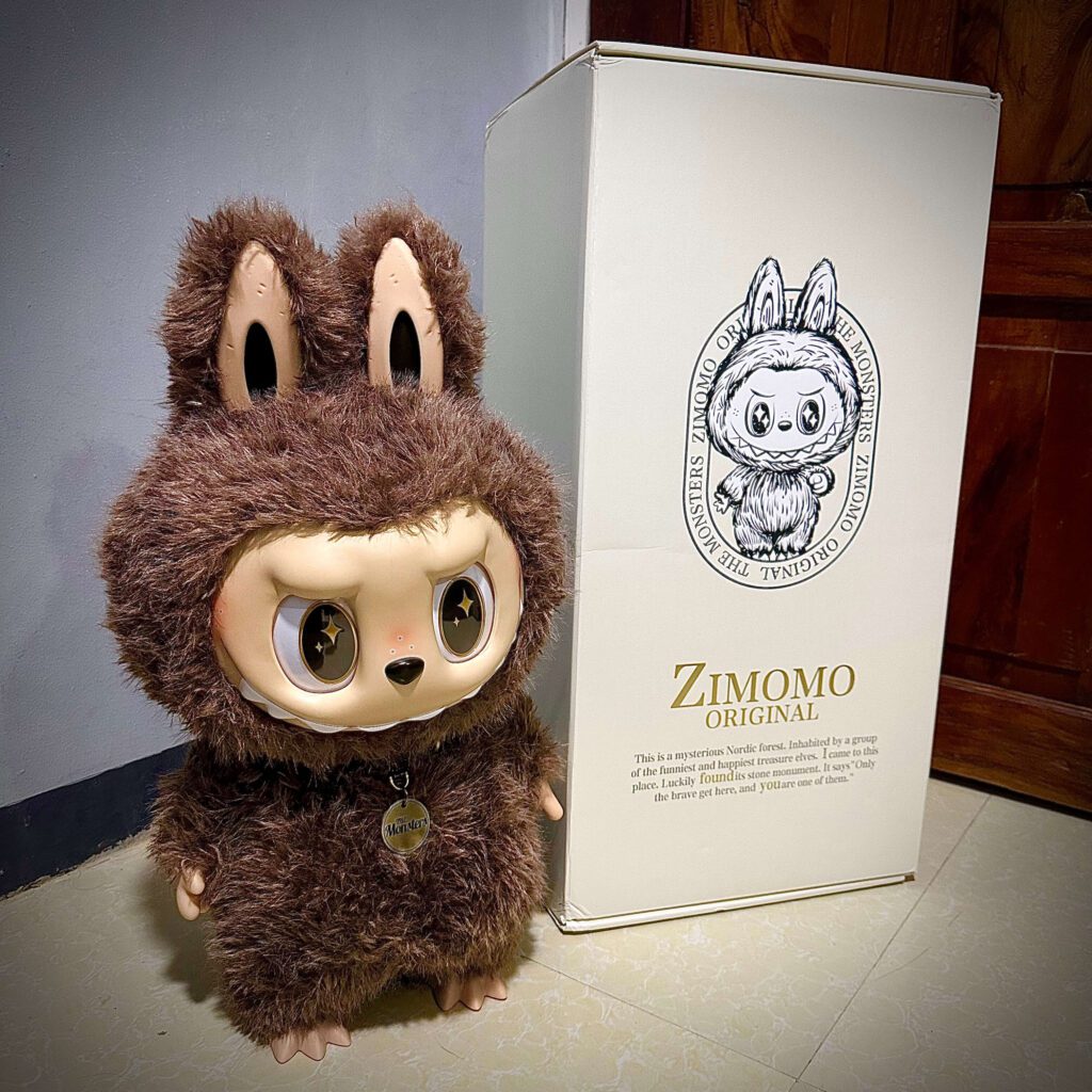 labubu zimomo i found youstanding next to box