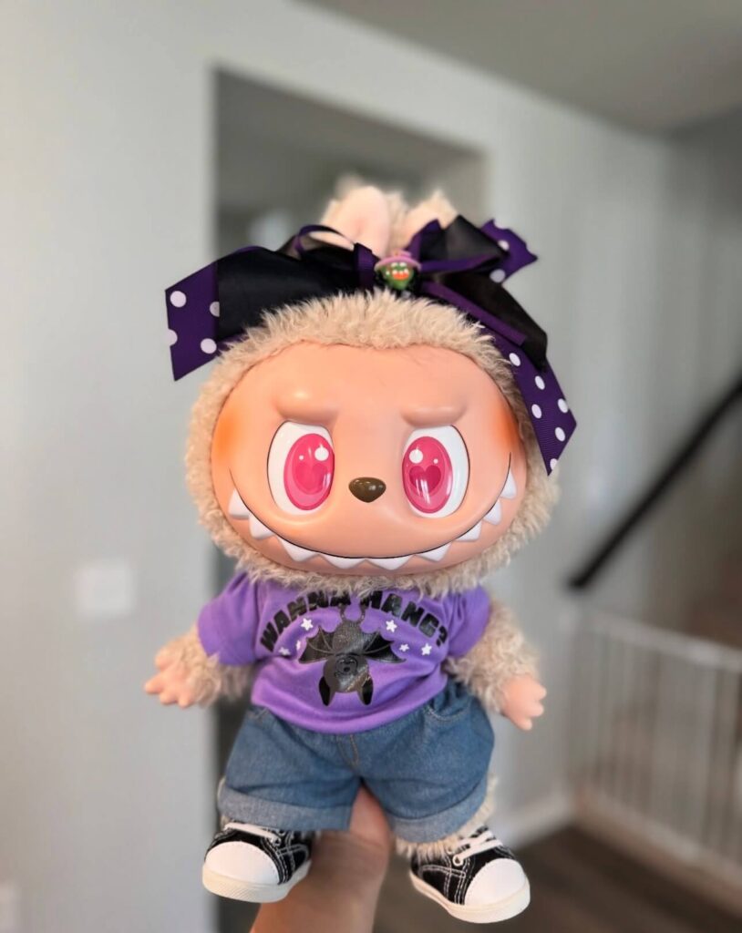 flip with me labubu clothing purple shirt and bow