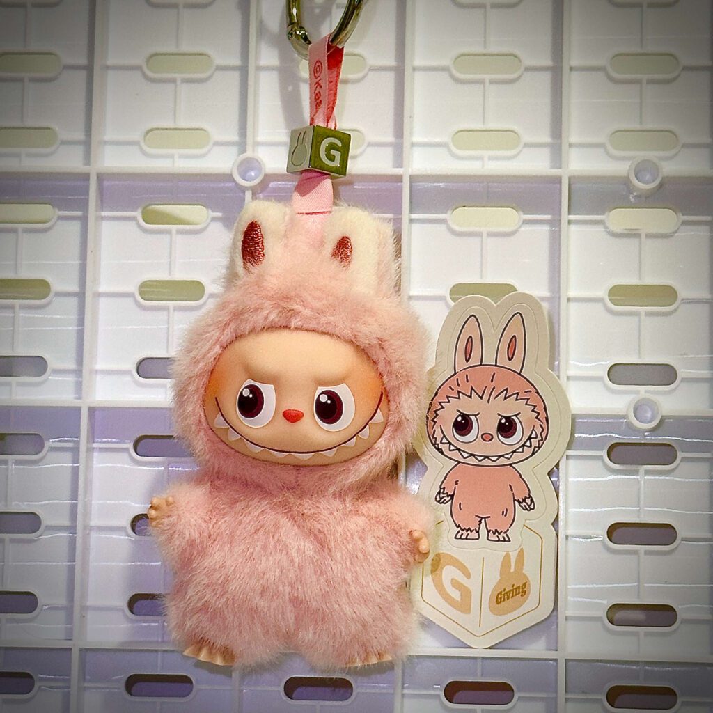 mini labubu pin for love G hung with sticker name