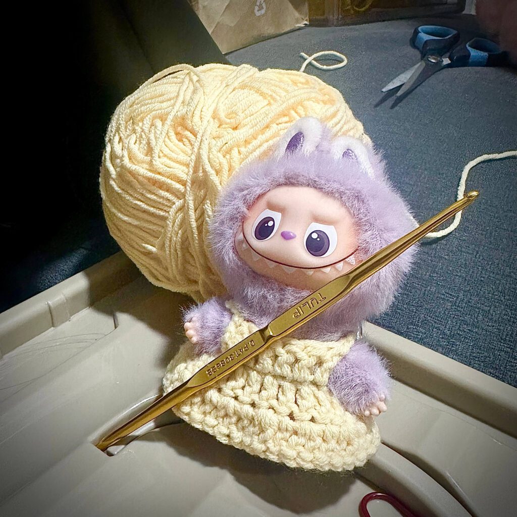 mini labubu pin for love M crochet yarn and needle