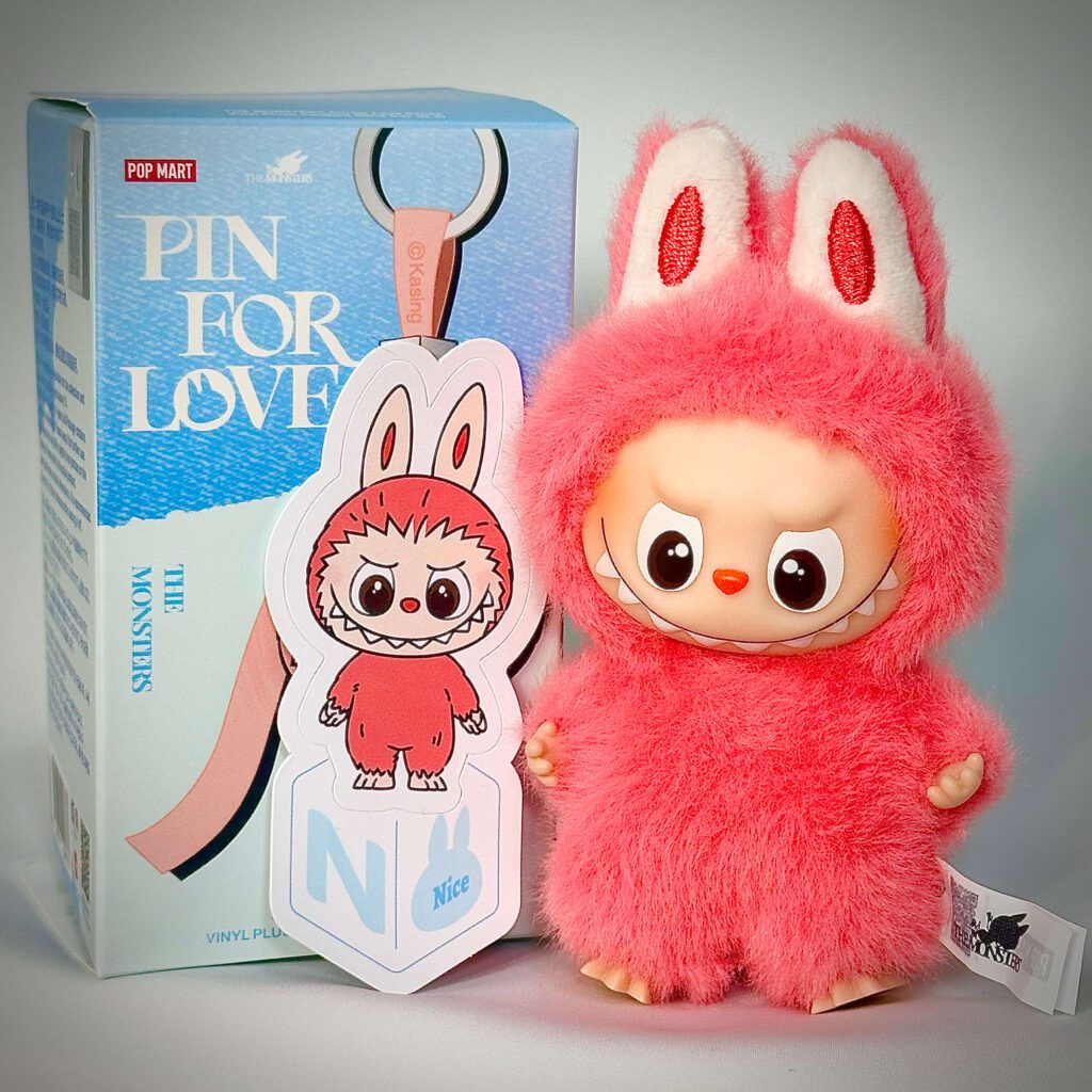 mini labubu pin for love n box with sticker name